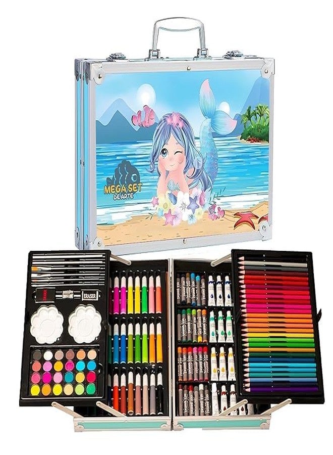 Trocshop Kids Art Set, 145 Pieces, Mermaid Theme Storage Case, Drawing and Painting Supplies with Oil Pastel, Water Colour, Colour Pencils, Sketch Pens - Image 1